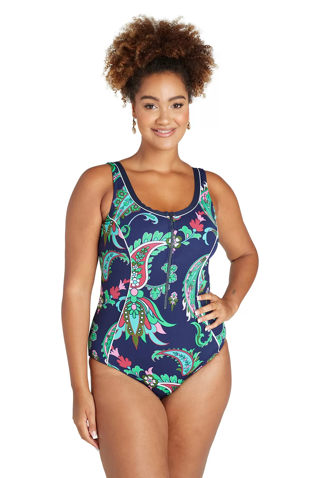 Paisley Pop One Piece Zip Front Swimsuit - Genevieve Swimwear