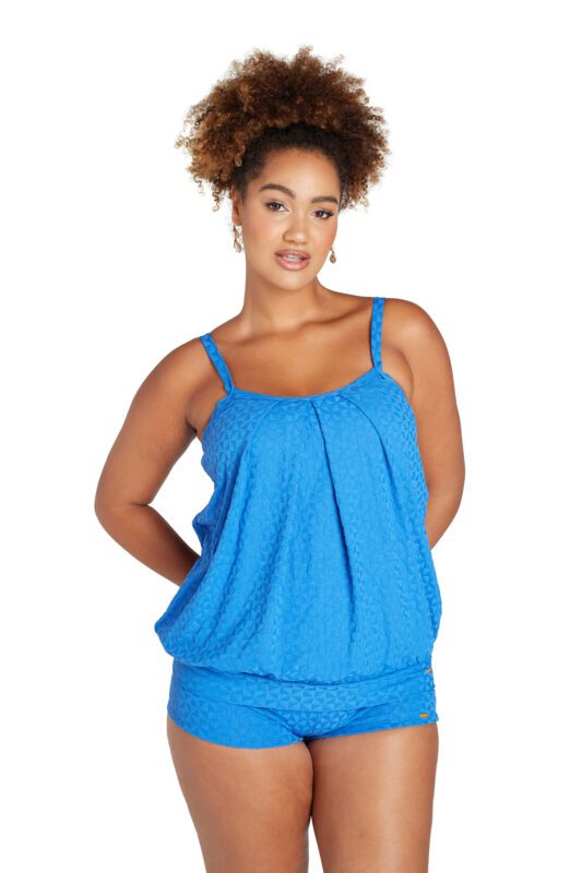 Aztec Jacquard Blue Blouson Singlet - Genevieve Swimwear